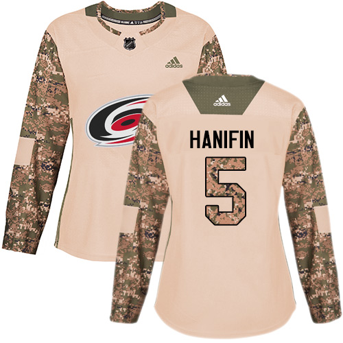 Adidas Hurricanes #5 Noah Hanifin Camo Authentic Veterans Day Women's Stitched NHL Jersey - Click Image to Close